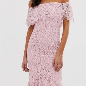ASOS Pink Lace Off-the-Shoulder Midi Dress